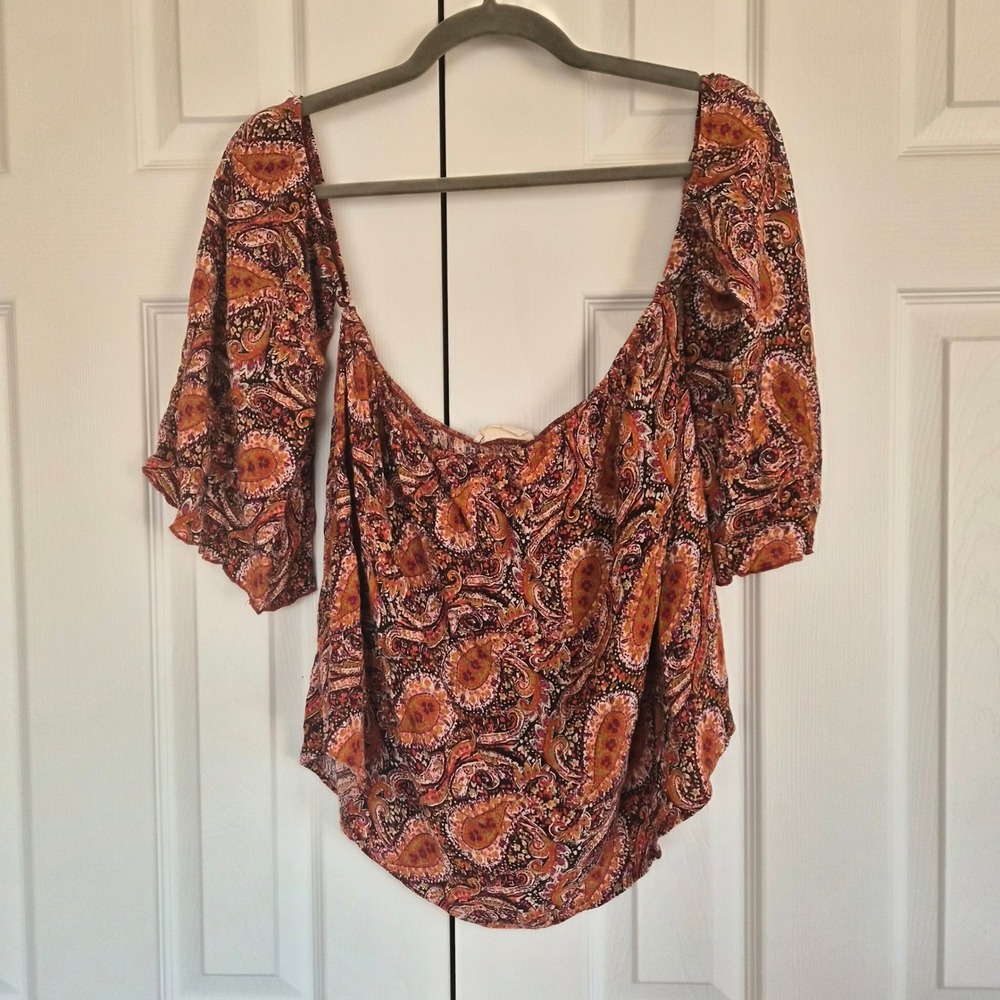 Vestique Womens Paisley Off The Shoulder‎ Blouse Orange Brown Boho M  Retro USA